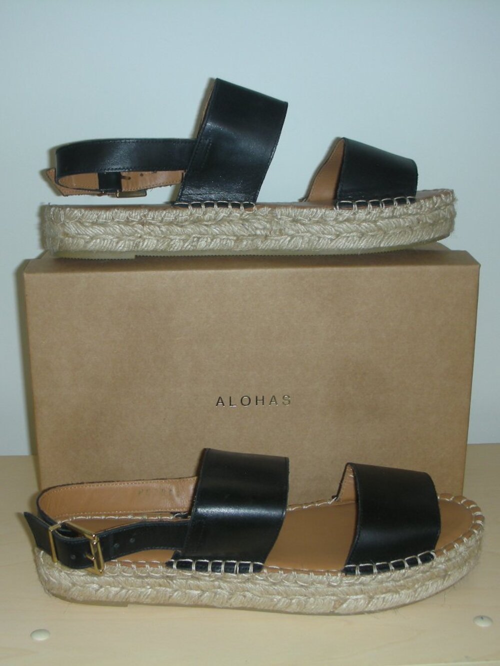 Alohas Double Strap Black Leather Espadrille Sandals Size 10‎ 10.5 Made Spain